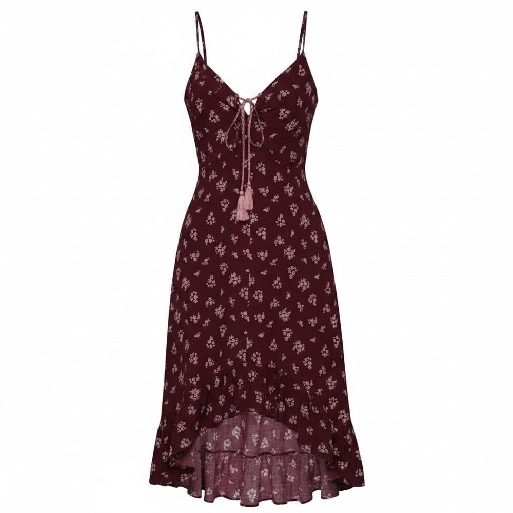 Xhilaration Dress‎ Small Burgundy Floral High Low Tassel Boho Spaghetti Strap